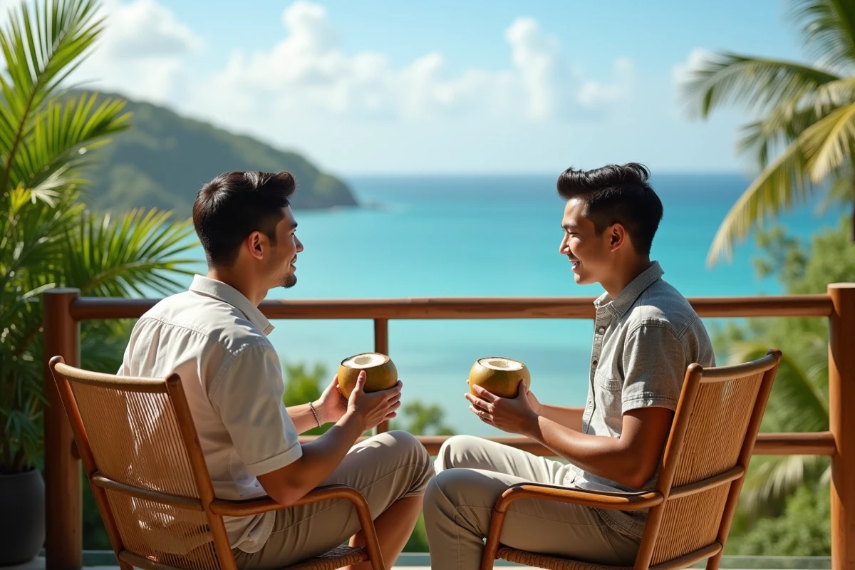 Jeune couple en vacances sirotant des coconuts sur un balcon tropical