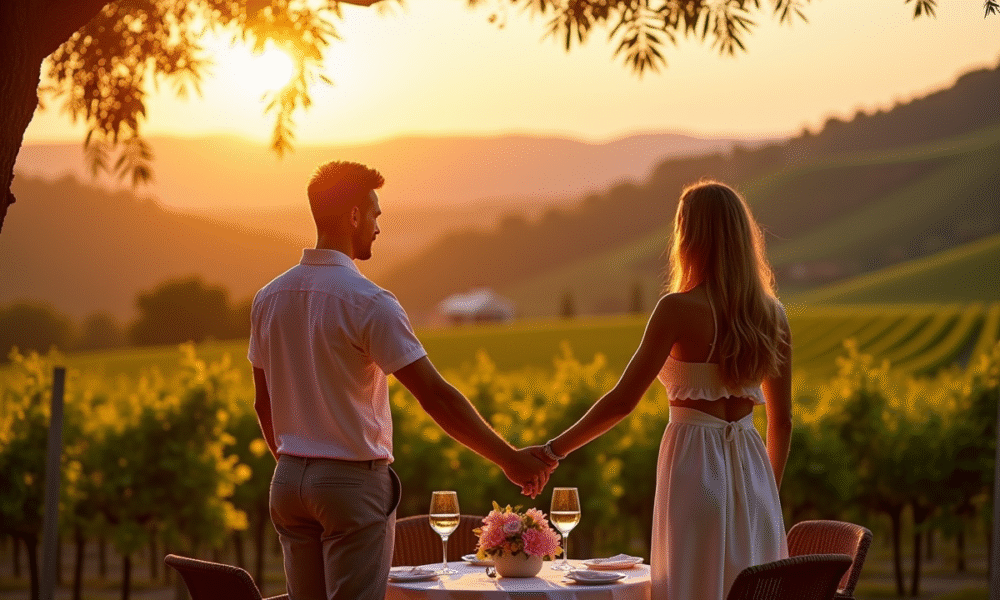 Couple tenant la main sur une terrasse de vigne au coucher de soleil