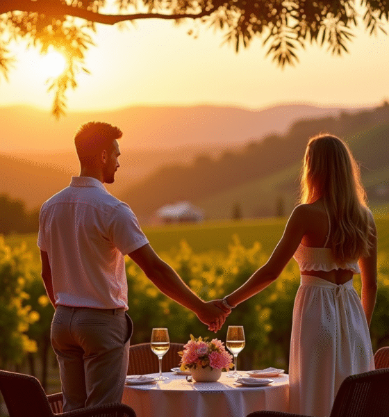 Couple tenant la main sur une terrasse de vigne au coucher de soleil