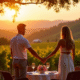 Couple tenant la main sur une terrasse de vigne au coucher de soleil