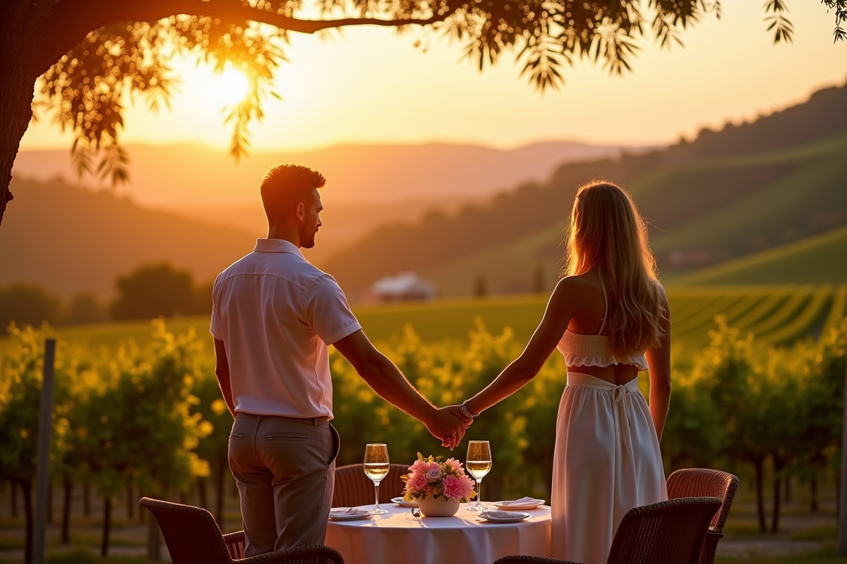 Couple tenant la main sur une terrasse de vigne au coucher de soleil