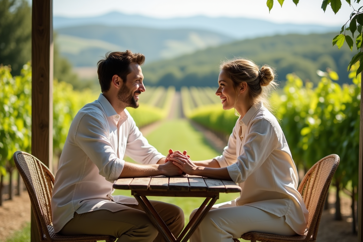 Couple en terrasse de café dans un vignoble