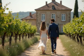 Jeune couple dans un vignoble en Gironde lors d'un mariage