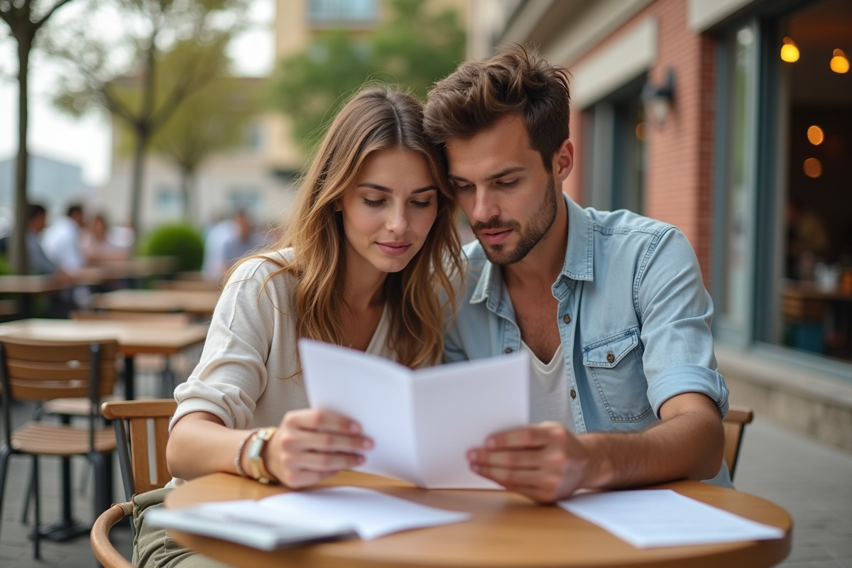 Jeune couple regardant des documents de voyage en terrasse