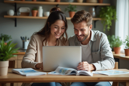 Jeune couple dans une cuisine cosy planche de voyage