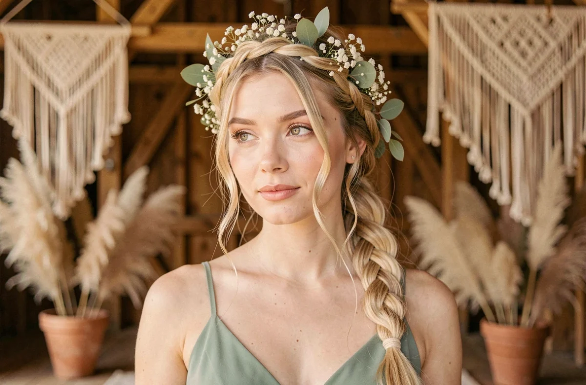 Portrait d'une demoiselle d'honneur avec couronne tressée ornée de fleurs séchées et de gypsophile pour un mariage bohème champêtre