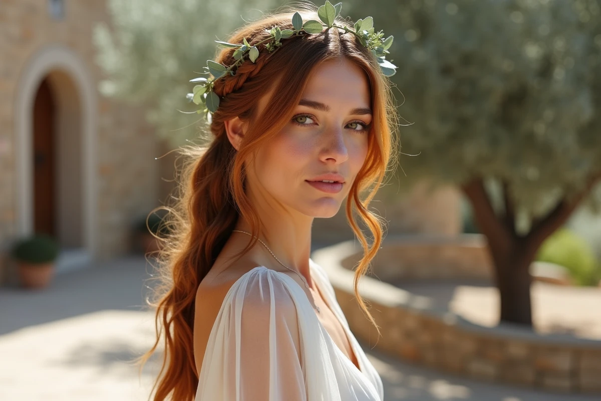 Couronne tressée bohème avec eucalyptus et rubans ivoire sur cheveux longs auburn pour mariage en Provence