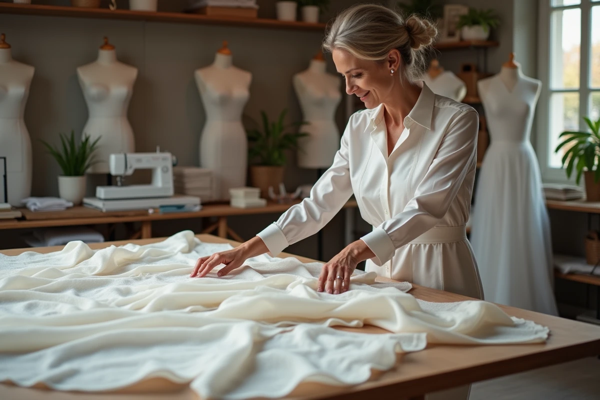 Couturiere examinant des échantillons de tissus de mariage