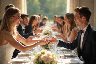 Invités élégants lors d'un mariage distribuant des dragées