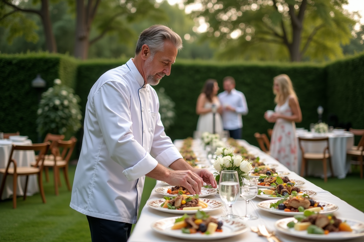 Cuisinier préparant des assiettes dans un jardin ensoleille