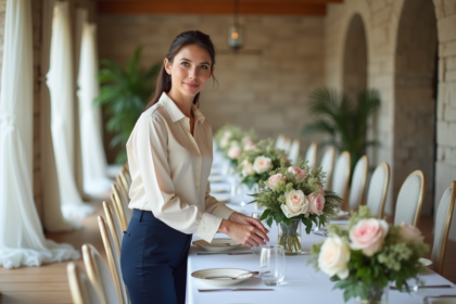 Jeune decoratrice de mariage arrangeant des centres de fleurs