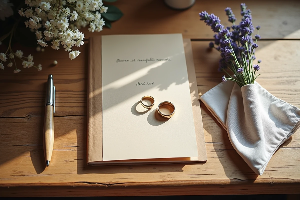 Détails de mariage en chalet savoyard : alliances, carnet de cérémonie et fleurs séchées pour un reportage Little Story