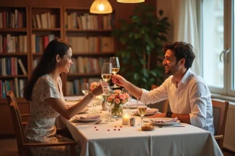 Couple célébrant deux mois de mariage avec un dîner romantique fait maison, table dressée avec bougies et fleurs