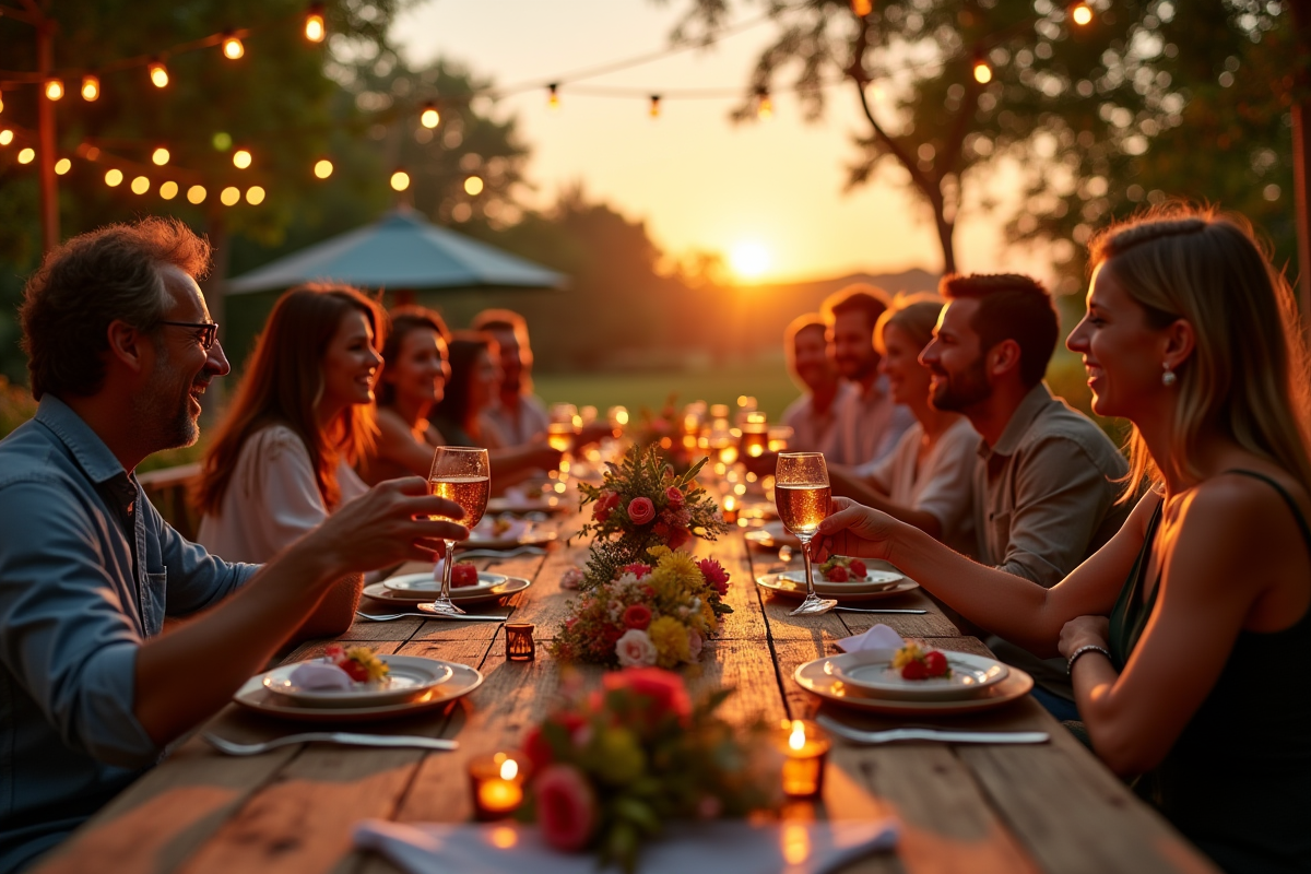 Dîner en plein air au coucher du soleil avec guirlandes lumineuses