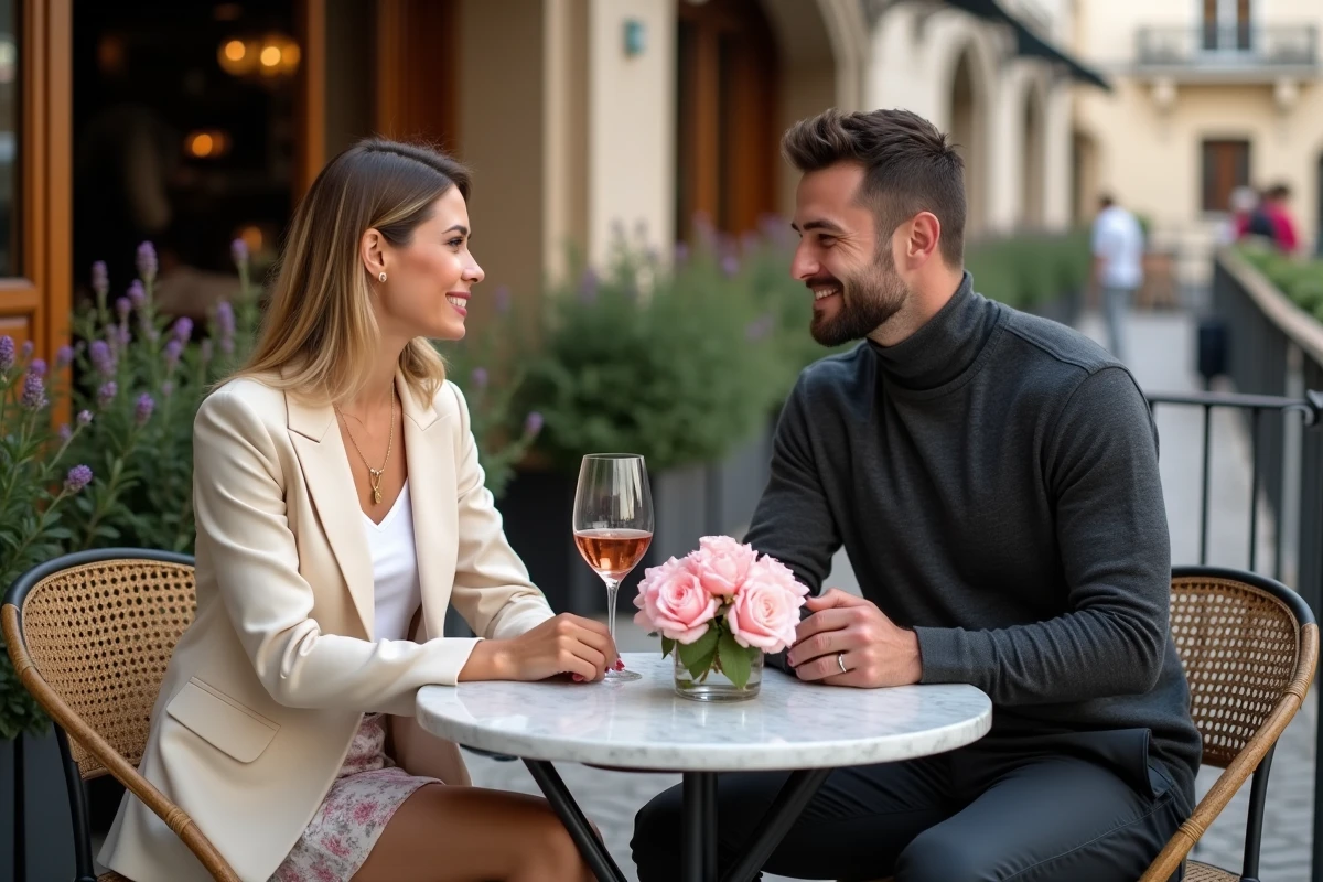 Couple fêtant leurs noces de rose après 17 ans de mariage en dégustant un verre de vin rosé sur une terrasse parisienne avec un bouquet de roses roses posé sur la table