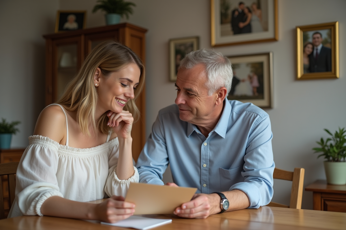 Couple et fille discutent d'une carte de mariage à la maison