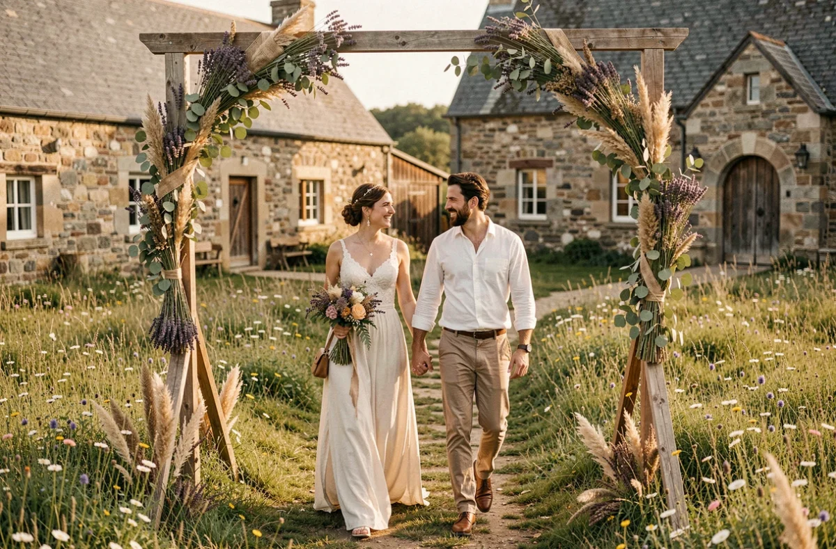 Mariage champêtre au Domaine de Brezal dans le Finistère, couple marié dans un sentier fleuri entouré de prairies et d'architecture en pierre rustique