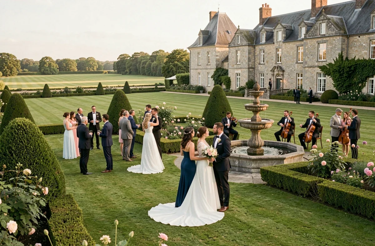 Réception de mariage au Domaine Plessis Kaer dans le Morbihan, invités sur grande pelouse verdoyante entre patrimoine en pierre historique et jardins ornementaux