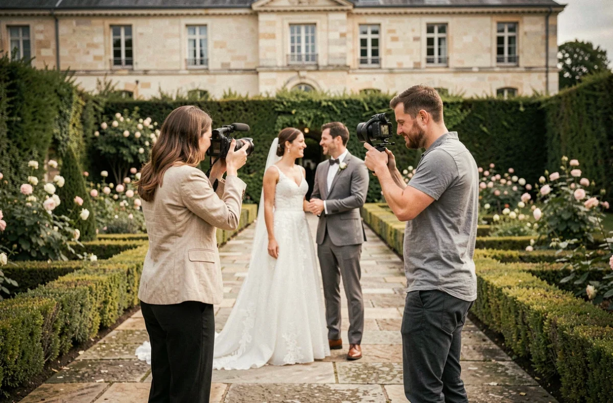 Duo photographe et vidéaste de mariage travaillant ensemble dans le jardin d'un château français lors d'une séance photo des mariés