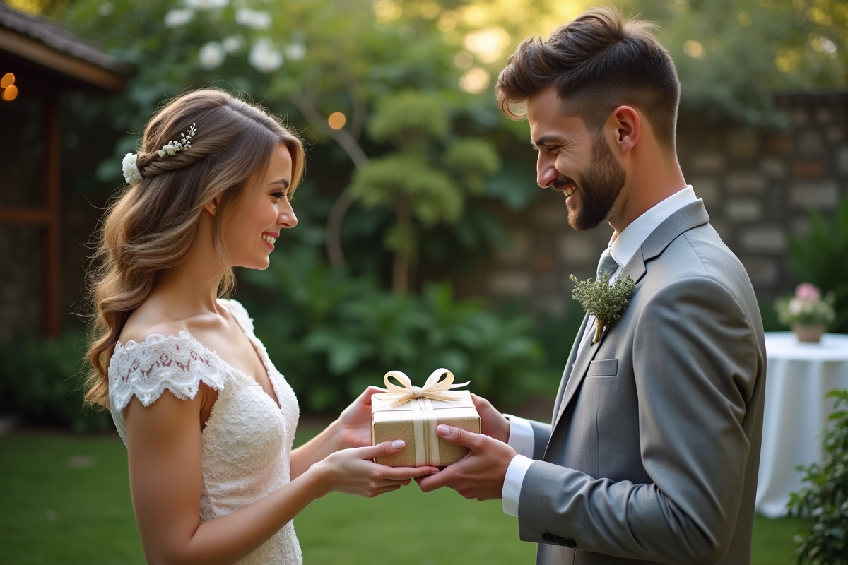 Jeune couple recevant un cadeau dans un jardin lors du mariage