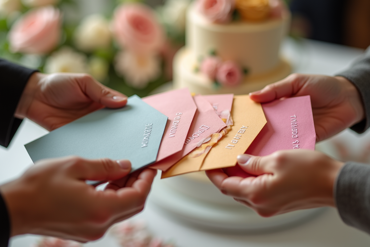 Mains échangeant des enveloppes colorées lors d