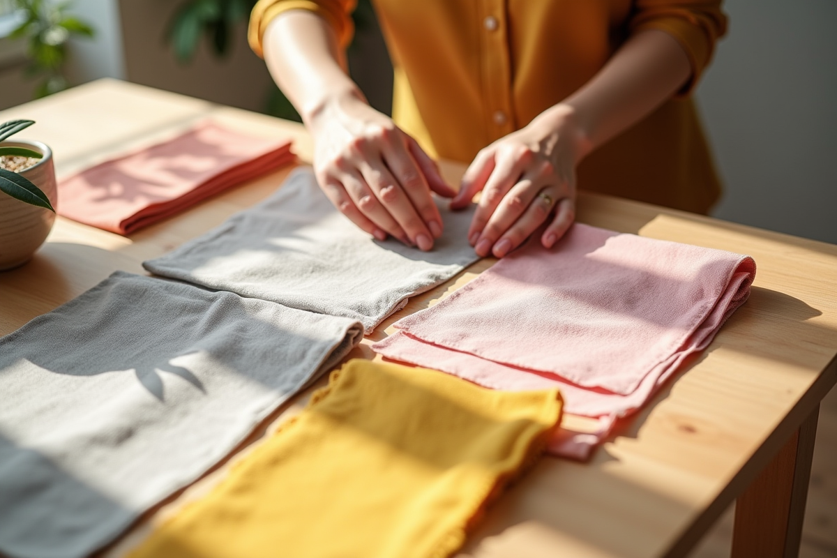 Echantillons de couleurs et tissus sur une table en bois clair