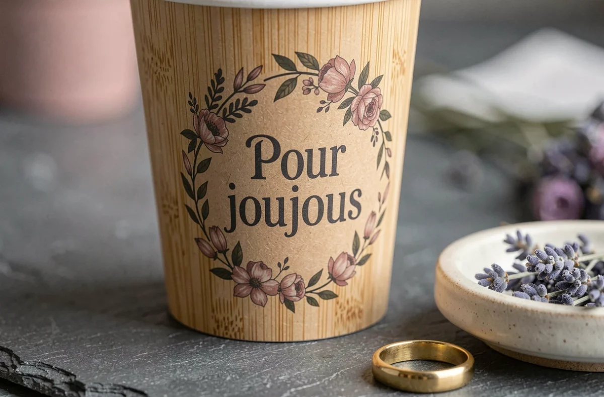 Gros plan d'un eco cup en fibre de bambou personnalisé mariage avec typographie 'Pour toujours' en rose poudré et anthracite sur fond ardoise