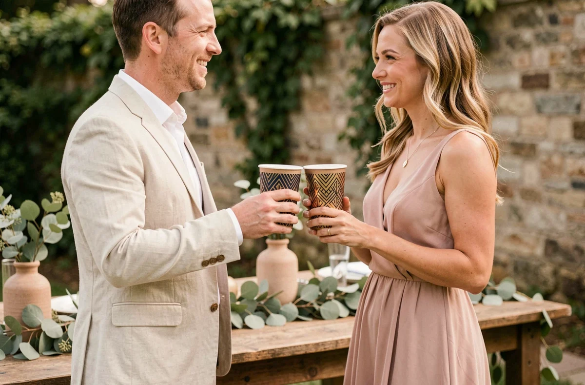 Couple souriant lors d'un mariage en plein air trinquant avec des eco cups personnalisés motif Art Déco géométrique doré et bleu marine