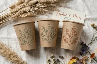 Flat lay de trois eco cups personnalisés mariage avec motifs botaniques en encre sauge et terracotta, stylisés avec herbes de pampa et carte calligraphiée