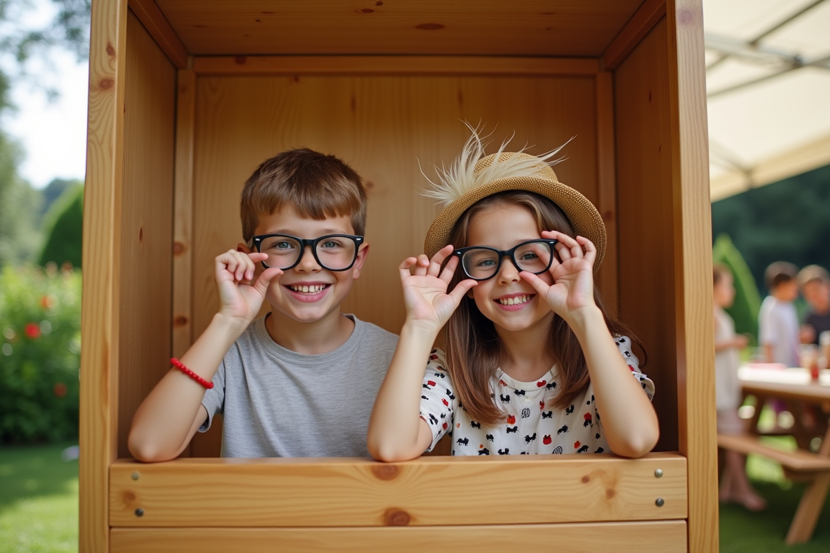 Enfants jouant avec accessoires dans un photobooth extérieur