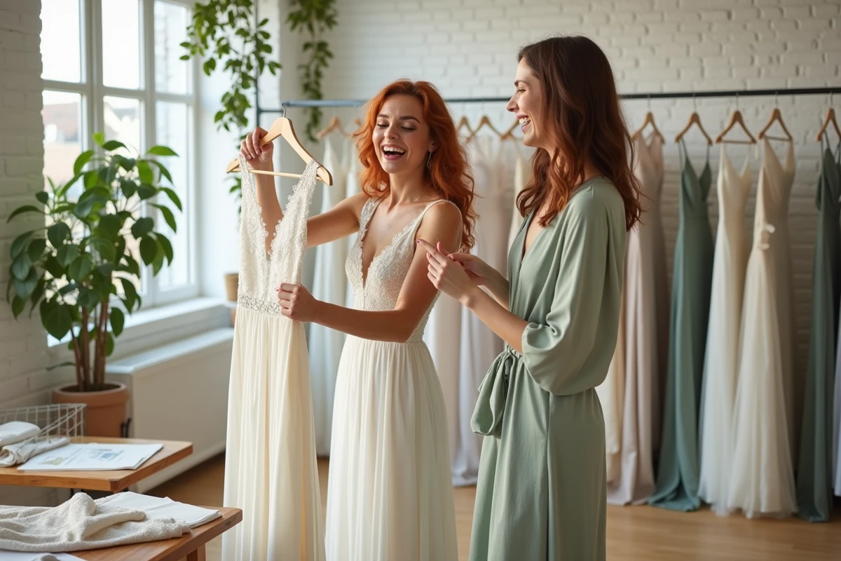 Deux amies dans une boutique de robes de mariée, essayage d'une robe bohème à petit prix sur cintre, ambiance naturelle et joyeuse