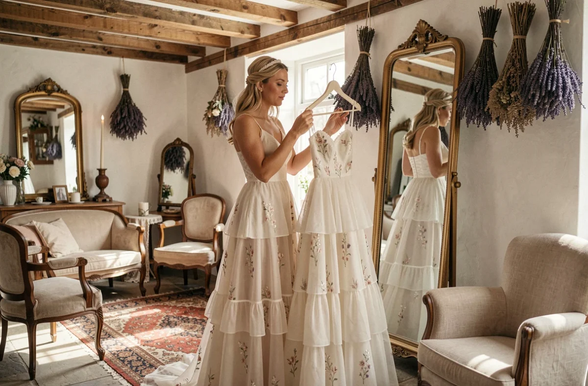 Femme essayant une robe de mariée bohème pas cher dans une boutique de mariage rustique et vintage