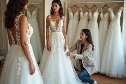 Jeune mariée essayant une robe de mariée élégante en dentelle dans une boutique de mariage abordable avec l'aide d'une vendeuse
