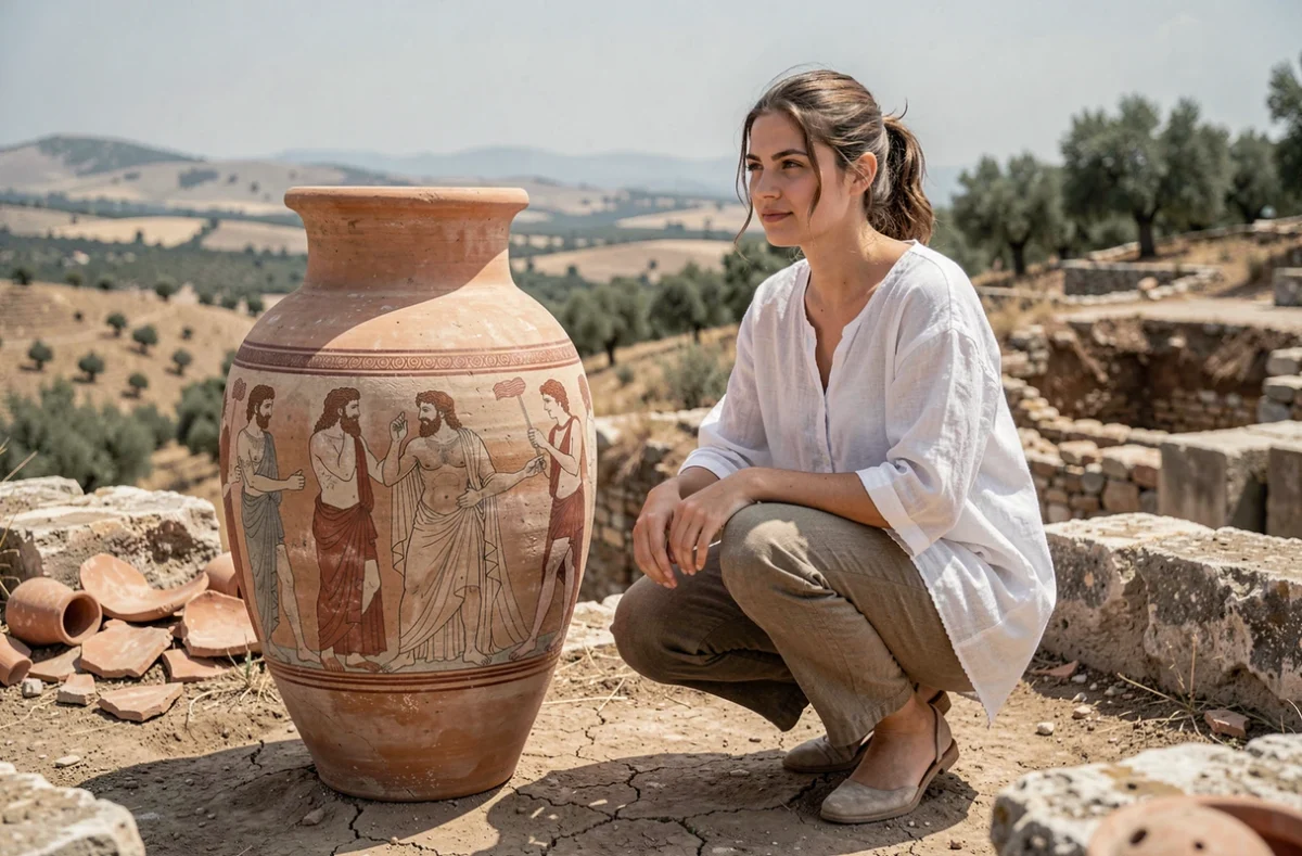 Étudiante en archéologie classique examinant une amphore à figures rouges représentant les noces de Zeus et Héra sur un site archéologique en Grèce