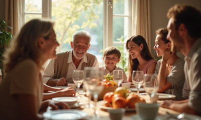 Couple agee entouré de famille souriante autour d'une table