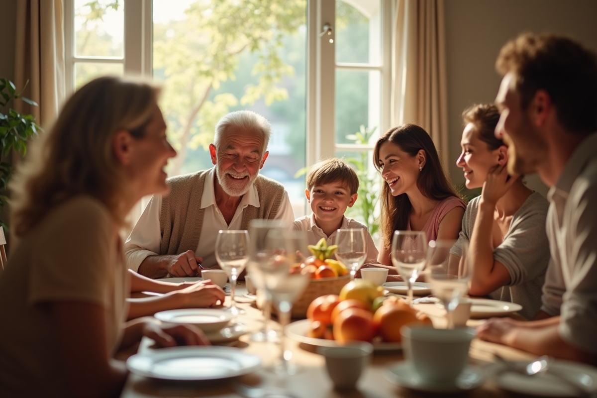 Couple agee entouré de famille souriante autour d'une table