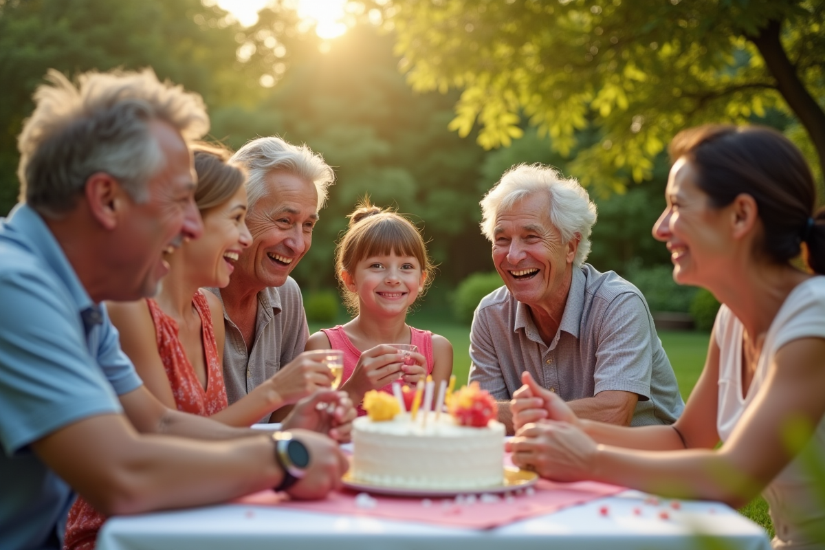 Famille multigénérationnelle heureuse réunie dans un jardin ensoleillé