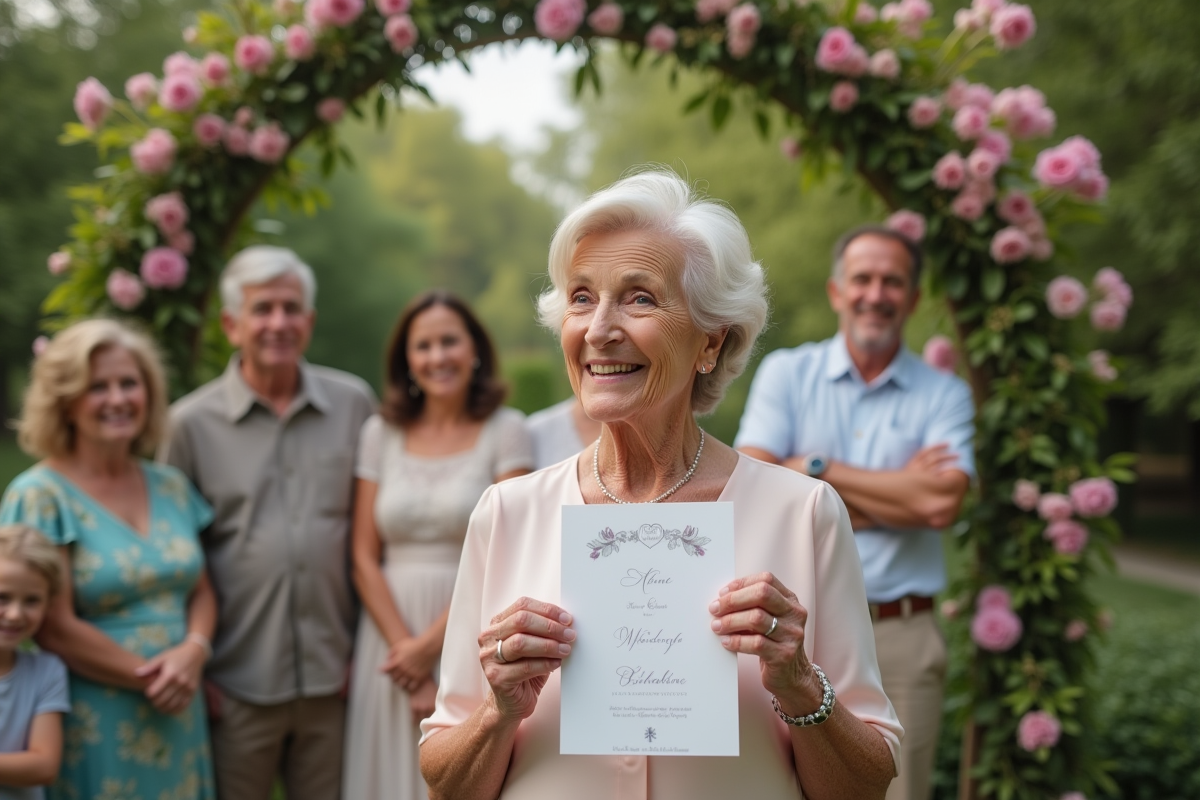 Femme souriante tenant une annonce de mariage dans un jardin
