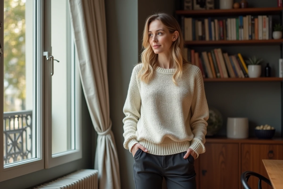 Femme pensive dans un appartement parisien moderne, atmosphère intime et personnelle