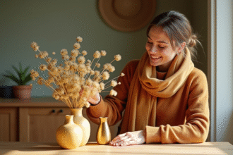 Jeune femme arrangeant des vases en céramique miel dans la salle à manger