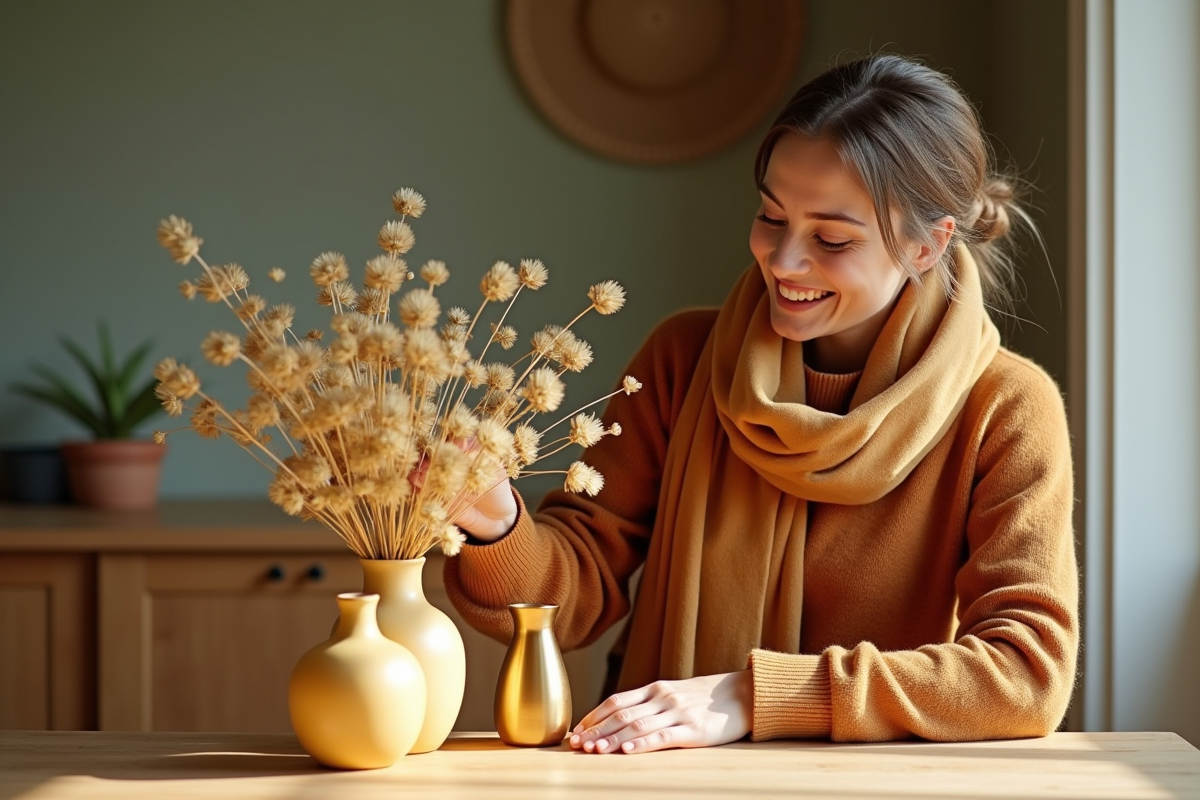 Jeune femme arrangeant des vases en céramique miel dans la salle à manger