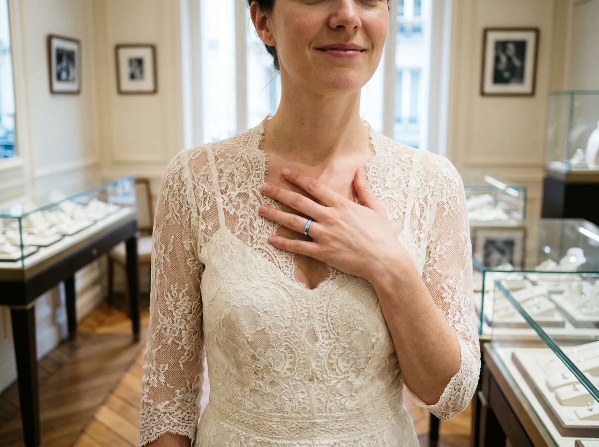 Femme portant une bague de mariage en métal précieux blanc mise en valeur sur sa main gauche dans une bijouterie parisienne