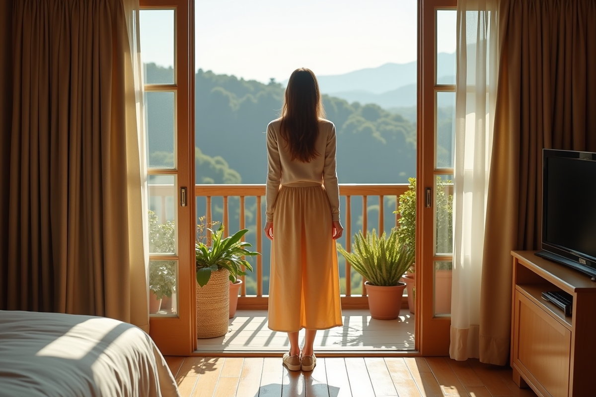 Femme regardant par la fenêtre dans une chambre d