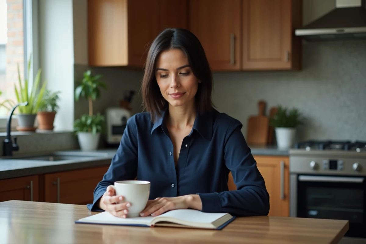 Femme pensant avec tasse de cafe dans une cuisine moderne
