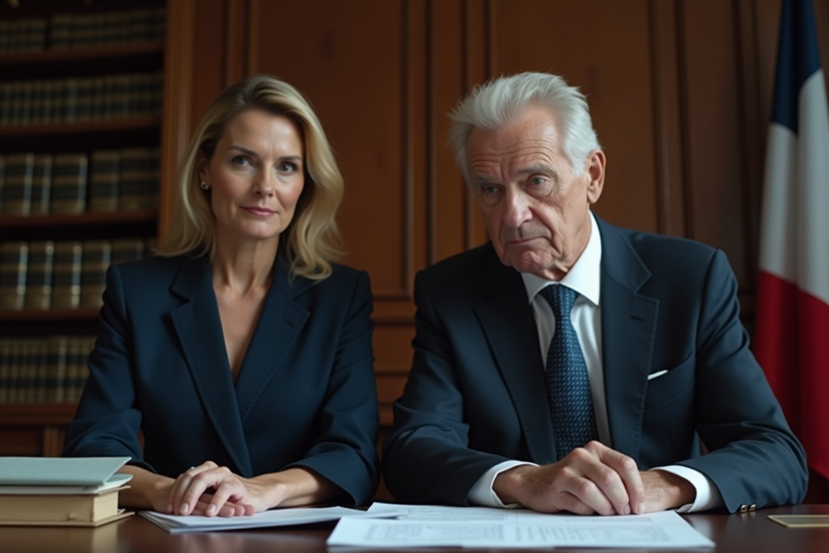 Femme d'âge moyen et homme âgé dans un bureau de mairie française