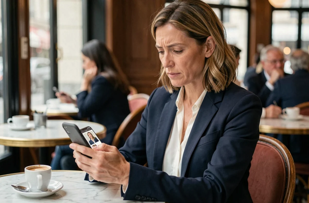 Femme élégante analysant un profil sur une application de rencontres haut de gamme dans un café parisien