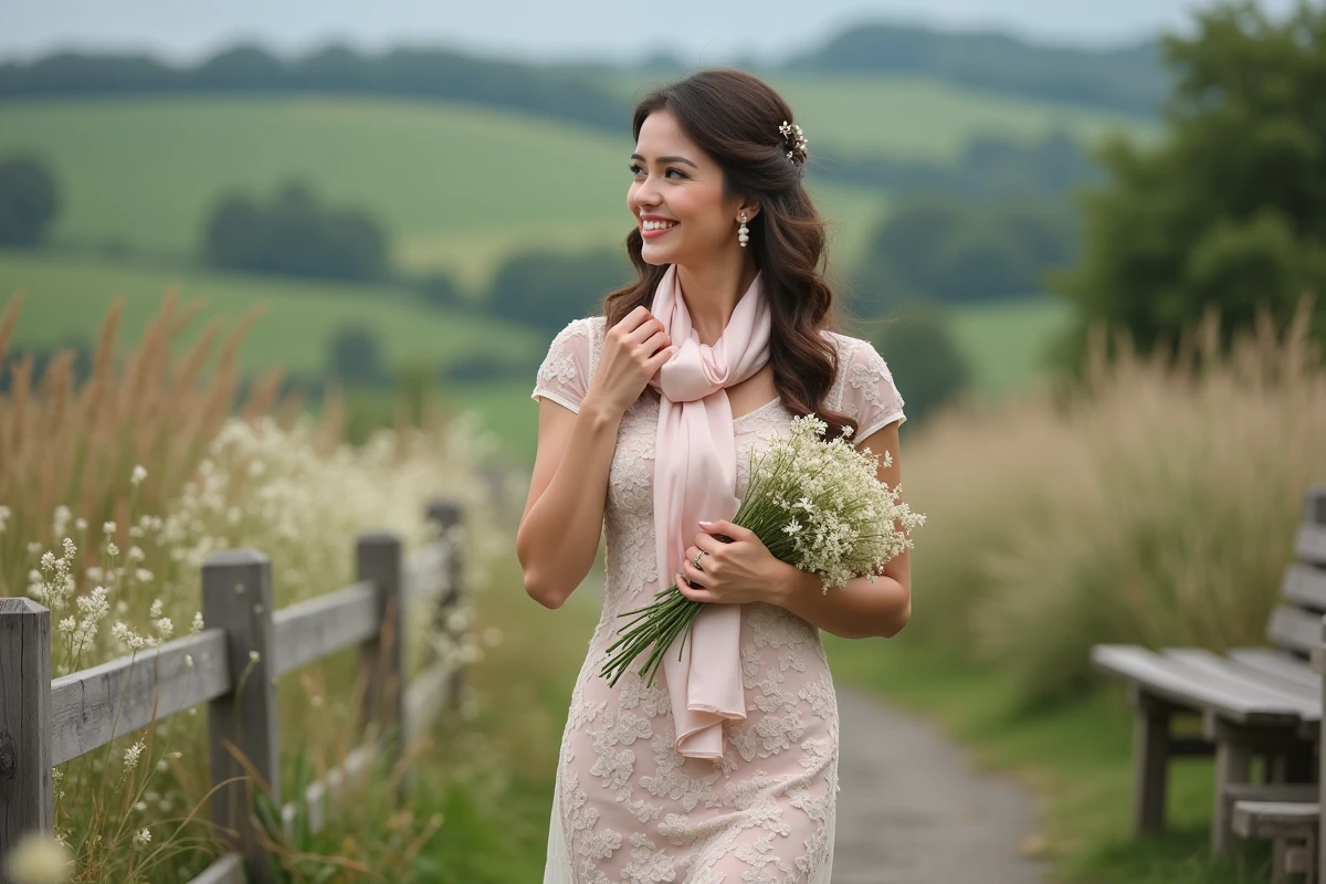 Femme en robe fleurie ajustant un foulard pastel en extérieur
