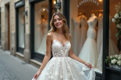 Femme souriante en robe de mariée devant boutique à Bordeaux