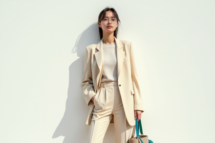 Jeune femme élégante en tenue beige avec accessoires bleus et verts