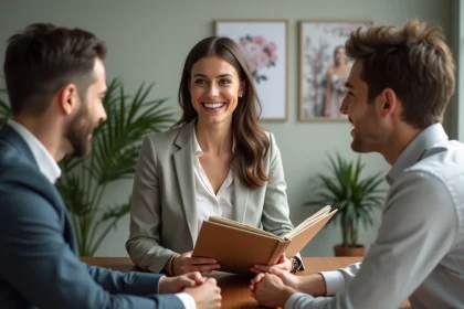 Femme professionnelle négociant avec un couple de mariés
